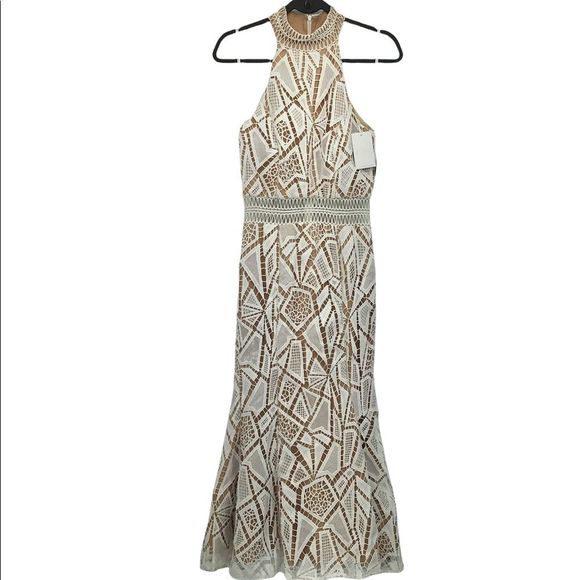 Jarlo Spring Ivory Nude Lace Illusion Flounce Halter Long Dress New With Tag 6 - Picture 4 of 11